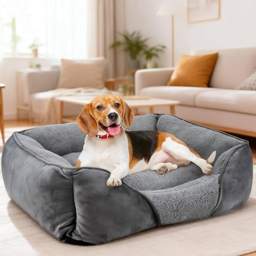 MIXJOY Dog Bed Medium Washable, Rectangle Pet Bed Grey Super Soft Puppy Beds Orthopedic Dog Bed with Anti-Slip Bottom, Calming Cat Bed for Teddy, Corgi, Chihuahua, 63×53×20 cm