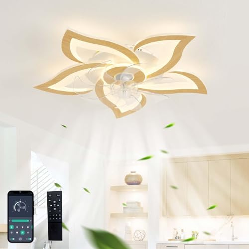 GWYAJTU Ventilateur Plafond Avec Lumiere Design Moderne Silencieux Dimmable LED Lustre Ventilateur DC Réversible 6 Vitesses Plafonnier Ventilateur Et Télécommande Pour Chambre Salon-Wood grain
