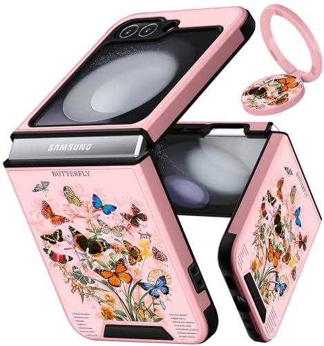 Funermei (2in1 for Samsung Galaxy Z Flip 5 Case Butterfly for Women Girls Cute Phone Cover Girly Pretty Aesthetic Design with Ring Stand Fashion Luxury Funda for Samsung Z Flip 5 Cases 6.7'' (2023)
