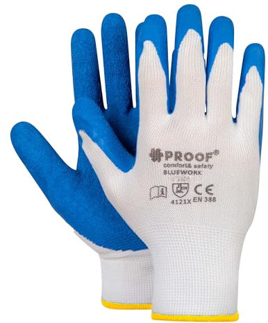 PROOF COMFORT & SAFETY - Gants en polyester BLUEWORK avec revêtement en latex rugueux en blanc et bleu, 12 paires en taille 8, Gants de protection, Gants de travail pour mécaniciens