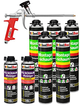 Isolbau Bauschaum-Set - Inkl. 5 x 1K Montageschaum B2 Pistolenschaum mit hervorragender Schall und Wärmedämmung (je 750 ml), 2 x PU-Schaum-Reiniger (500 ml) & 1 x Schaumpistole, Abdichten