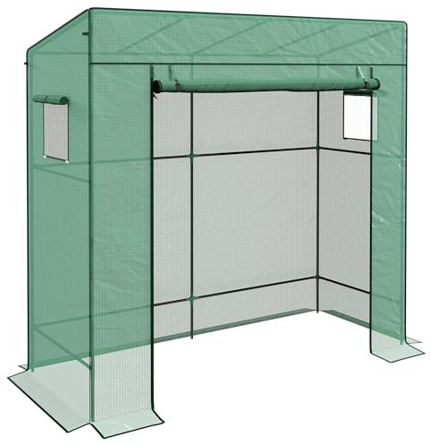 Outsunny Tomato Greenhouse with Reinforced PE Cover, Walk-in Garden Growhouse with Large Roll-up Door and 2 Mesh Windows, Portable Indoor Outdoor Green House, 196L x 77W x 178Hcm, Green