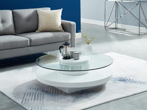 Vente-unique-Mesa de Centro RYHALI - Tablero Giratorio - Cristal Templado y MDF Blanco