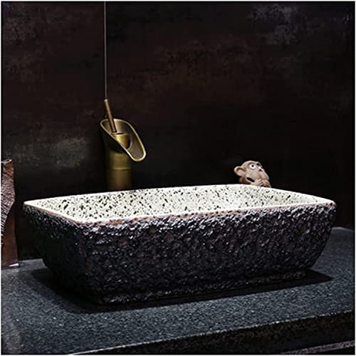 Lavabo da Appoggio in Ceramica Lavandino da bagno rettangolare 18,8 x 12,4 x 5,5 pollici, sopra il bancone Lavandino da lavabo in ceramica per lavabo Art, rivestimento in pietra cesellato, A, set di