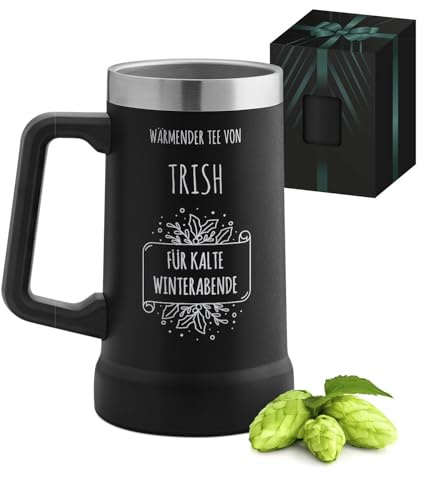 Maverton Isolierter Bierkrug mit Gravur 700 ml Edelstahl Schwarz - Geburtstagsgeschenk für Frauen - personalisierte Geschenke Frauen - Bierglas mit Gravur personalisiert