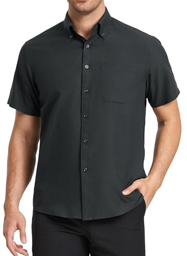 HISDERN Camisa Oxford Hombre Negro Manga Corta Formales con Bolsillo Camisas Vestir Verano de Trabajo Hombre Ajuste Regular