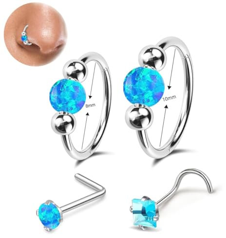Nasenringe 18G Opal Nasenstecker Zirkonia 20G L-förmige Nasenstecker 316L Chirurgenstahl Hypoallergen Septum Hoop für Frauen Scharnier Helix Rook Ohrmuschel Conch Knorpel Tragus Ohrring (Blau)