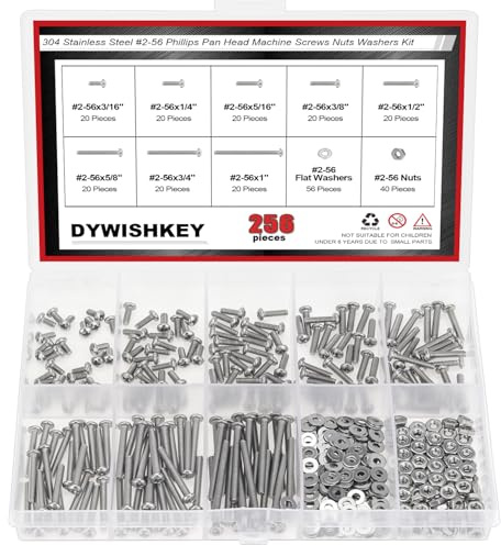 DYWISHKEY 256 Pieces #2-56 x 3/16, 1/4, 5/16, 3/8, 1/2, 5/8, 3/4, 1 Phillips Pan Head Machine Screws Nuts Washers Assortment Kit, 2-56 Screw Kit, 304 Stainless Steel
