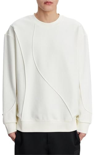 Seiizaa Otoño e Invierno Sudadera de Punto de Felpa para Hombre Jersey de Punto Grueso con Cuello Redondo Informal-White-S