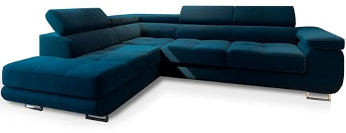 Masseno Ecksofa Selva L-S mit Schlaffunktion L-Form, Glamour Sofa mit Bettkasten, Wohnzimmersofa, Couch, Soffa, Bettsofa, Couchgarnitur - Blau, Monolith 77