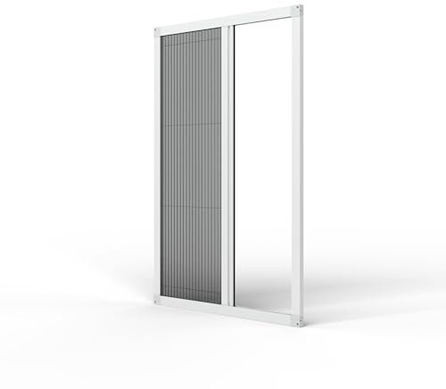 Plissee Fliegengitter - Insektenschutz-Fenster nach Maß - Schiebbar mit Rahmenmontage (ohne Bohren oder Schrauben) für alle Fenstergrößen, auch bodentief - Weiß, Grau