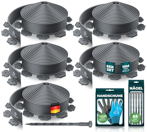 KESSER® Bordure de jardin flexible en plastique de 50 m de longueur et 5 cm de hauteur, avec 325 clous de fixation + 5 paires de gants - Pour plate-bande, bordure de gazon, délimitation de parterre