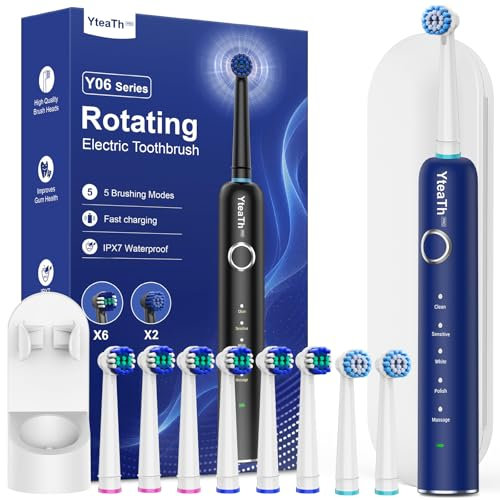 Cepillo de Dientes Eléctrico de Rotación Adultos con 8 Cabezales - Cepillo Electrico con Estuche de Viaje, 5 Modos, IPX7 Impermeable, Cepillo Dientes Electrico Viaje Recargable, Azul