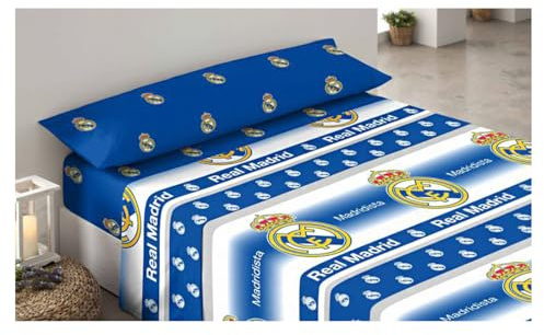 Juego de Cama R. Madrid de Fútbol, 3 Piezas (Bajera, Encimera y Funda de Almohada), Sábanas del Madrid, Regalo, Oficial Fútbol Madrid, (Modelo 2, 105 cm)