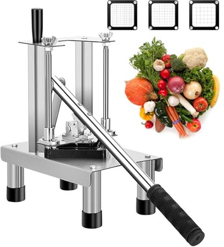 Taglia patatine fritte, tritatutto commerciale per frutta e verdura con impugnatura antiscivolo, design a pressione, facile da pulire, 3 lame di ricambio, acciaio inossidabile, per uso domestico e in