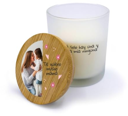 DEREGALOOS Velas personalizadas con tapa de madera. Candelas aromáticas para decoración. Detalles para Día de la Madre personalizados. Regalos originales. (1 foto corazones)