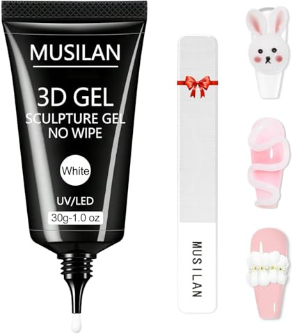 MUSILAN Sculpture Gel - 30g Blanc Multifonctionnel Gel 3D Nail Art pour Styling Ongle, 3 en 1 Rhinestone Glue pour Nail Charms DIY Nail Art Design Sculpture dans la Maison avec limes à ongles en Verre