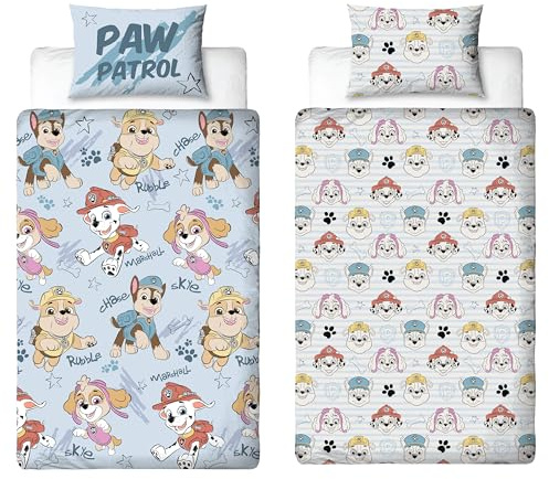 Juego de Funda de edredón Oficial de la Patrulla Canina para niños, diseño esbozado, Reversible, 2 Caras, Color Azul, Incluye Funda de Almohada a Juego con Rubble, Chase, Marshall y Skye