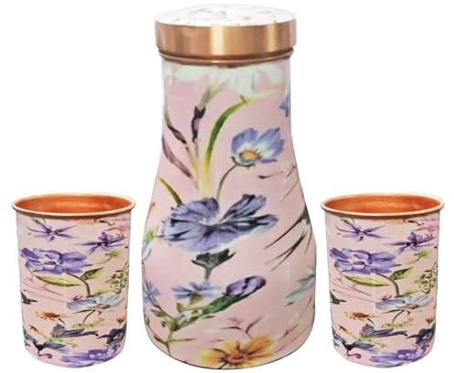 IMTRA FASHION Set di Caraffe da Comodino in Rame con 2 Bicchieri da 1.2 Litro/40 oz Bottiglia da Camera da Letto Brocca d'acqua e Borraccia per Sport e Yoga