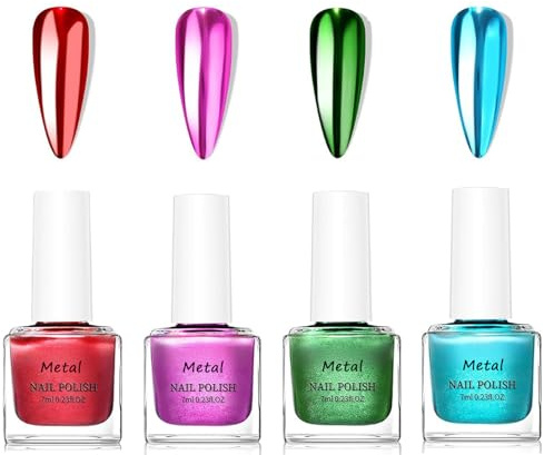 4Pcs Metallic Nagellack Set- Spiegelnagellack Chrom Fingernagellack Effect - Hochwertig Metallischer Spiegel Nagellack - Schnelltrocknend Langanhaltender Einfach zu Verwenden für Nail Art