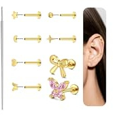 MODRSA 20G Tragus Piercing Silber Gold - Herz/Schmetterling/CZ/Stern-Design für Helix/Konch/Medusa Piercing, 6MM Flash Back - Hypoallergener Ohrschmuck für Damen