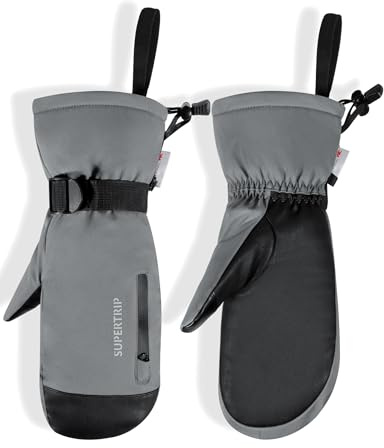 Supertrip Ski Mittens Men Women, Waterproof Snowboard Mittens Gloves Touch-Screen Anti-Slip Snow Mitts 3M Thinsulate, Warm Insulated in Cold Weather Winter (Gray, Medium)