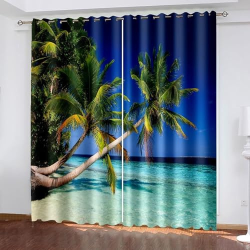 Curtains Rústico, Cortina opaca Ventana, Azul Verde, Paisaje de cocoteros a la orilla del mar, poliéster, juego de 2 172 x 138 cm