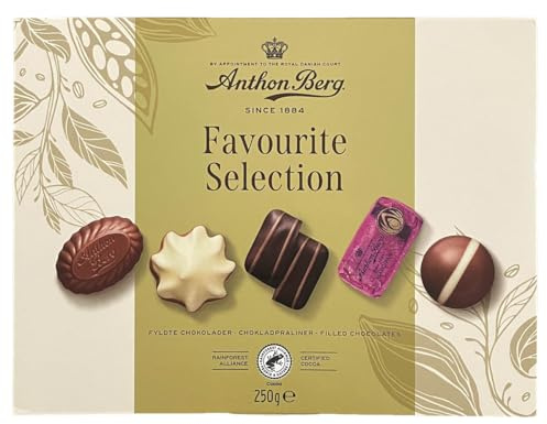 Anthon Berg – Praline di Cioccolato Assortite Favourite Selection, Scatola Regalo da 250g, 24 Cioccolatini Ripieni Gourmet con Cacao Certificato Rainforest Alliance