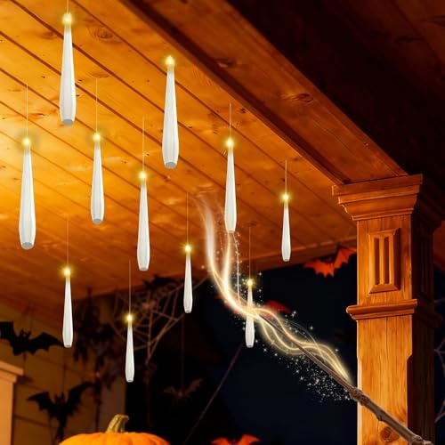 Soontrans Schwebende Kerzen mit Zauberstab 12 Stück, Fliegende Kerzen mit 6H Timerfunktion, Floating Candles 15 cm Warmweiß Flackernde, Flammenlose Hängende, für Weihnachten Halloween Party Deko