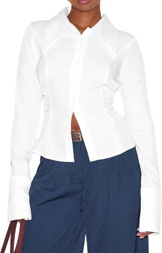 SUNNOW Women's Long Sleeve Shirt with Oversized Collar Slim Fit Blouse Elegant Stand Out Lapel Top (US, Alpha, X-Large, Regular, Regular, White)