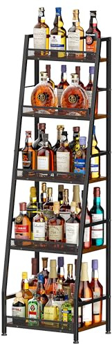 5-Tier Trapezoid Liquor Stand for Home Bar, Large-Capacity Liquor Cabinet Bar for Home, Stepped Wine Rack Freestanding Floor for Whiskey, Corner Wine Bottle Display Shelf with Fences for Living Room