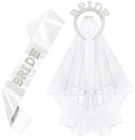 Bride Schärpe Und Schleier, 3 PCS JGA Accessoires Frauen, Brautschleier Bride Perlen Haarreif und Schärpe, Junggesellenabschied Frauen Zubehör für Bachelorette Party, Brautdusche, Hochzeit