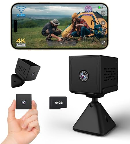 Mini Kamera, 4k Ultra HD Kamera Überwachung Innen mit 64GB Speicherkarte, WLAN/AP Hotspot/Ohne WLAN Kamera, Lange Standby 2000mAh Akku, Weitwinkel, Nachtsicht, Überwachungskamera Innen/Außenbereich