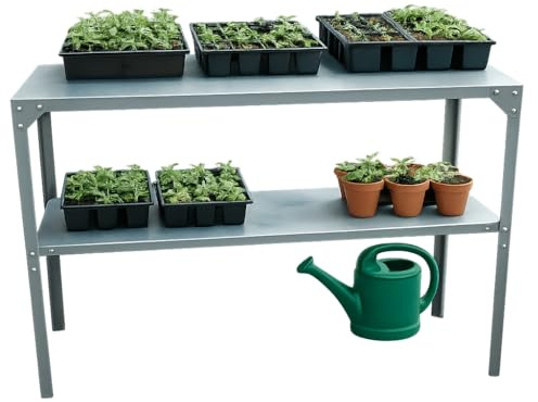 Greenhouse Staging Shelving Unit 2 Tier Free Standing Galvanised Steel 115cm Plant Pot Shelf For Greenhouses UK (1 Silver Staging Bench)
