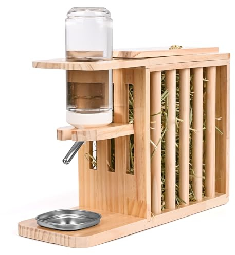 PESNLO Holz-Heuraufe mit 500ml Trinkflasche & Edelstahl-Tropfschale | höhenverstellbarer, Naturholz, Heuraufe Kaninchenstall, Kaninchen, Hasen, Meerschweinchen, Hamster
