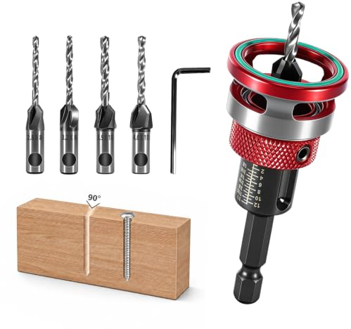 Set de 6 Brocas Avellanadoras Madera con Tope de Profundidad Ajustable | Avellanador de Brocas Madera con Vástago Hexagonal de 1/4, Herramienta de Precisión para Carpintería y Proyectos de Plástico