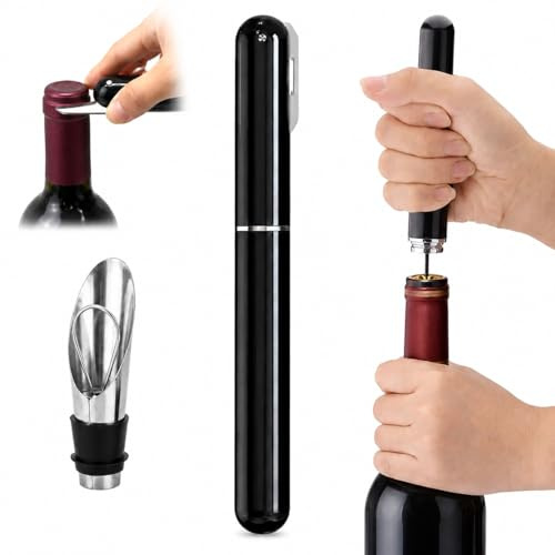 Sacacorchos Profesional de Aire a Presión con Cortacápsulas Integrado | Abridor de Vino y Abridor de Botellas Tipo Bolígrafo | Abrebotellas Elegante para Vinoteca (Negro pack 1)