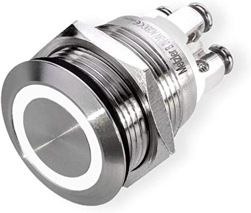 Drucktaster Klingeltaster LED-Taster Einbau 19mm Edelstahl V2A mit LED Ringbeleuchtung flach wasserdicht Schraubkontakte AC/DC mit LED Weiß