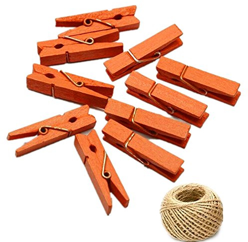 100 Colored Wooden Large Pegs 45mm Clothespins Craft Photo Clips with 20 Meters Jute Twine for Craft Rustic Decoration (Orange)