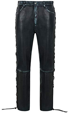 Men's Biker Laced Vintage Leather Trousers 100% Lambskin Riding Pants 00126 (.36, Navy Vintage)