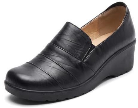 Cushion Walk Women's Ladies Lightweight Faux Leather Slip-on Low Wedge Shoes, Flats, Casual Work Office Comfort Shoes - Mat Black or Patent Black