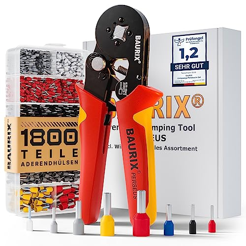 BAURIX® Crimpzange Set mit 1800 Aderendhülsen Set I Aderendhülsenzange selbsteinstellend [Für 0,25-10mm²] I Krimpzange, Crimpzangen, Crimp Zange, Presszange - Modell: PERSEUS (4-Kant)