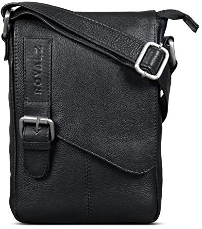 ROYALZ 'Louisiana' Bolso Bandolera Pequeño para Hombre Bolsa de Piel Auténtica Vintage Mensajero de Cuero, Color:Negro