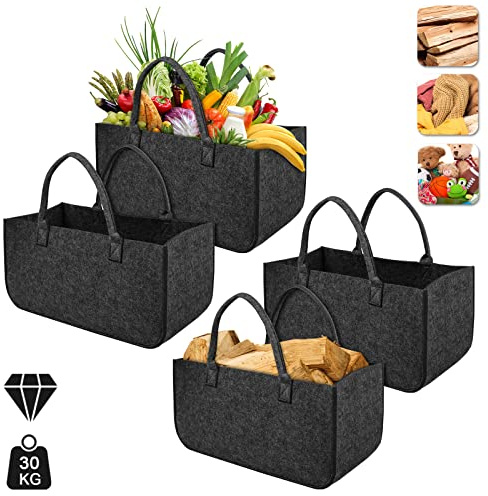 VA-Cerulean Kaminholzkorb Filz 4 Stück Filztasche Groß Holzkorb für Kaminholz mit Tragegriffen Faltbar Filztaschen Kaminholztasche für Zeitungskorb Shopper 50 x 25 x 25 cm (Type A, Dunkelgrau)