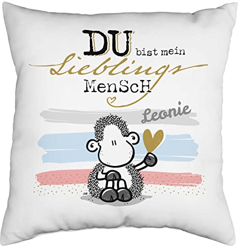 minimutz Kissen mit Spruch 'Du bist Mein Lieblingsmensch' und Namen Bedruckt | Personalisiertes Zierkissen 40x40 cm | Kuschelkissen Motiv Schaf mit Herz in weiß Gold Kinder