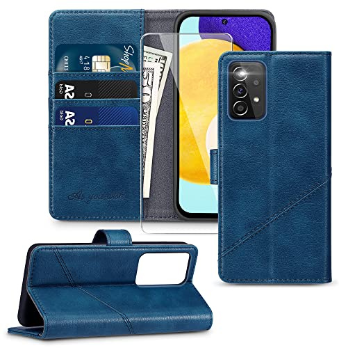 KRAFTCARE Handyhülle für Samsung Galaxy A52 Hülle | Klapphülle mit Premium PU Leder, 3 Kartenfächer + Geldscheinfach, Ständer, Stoßfeste, RFID Blockierung, Navy Blau