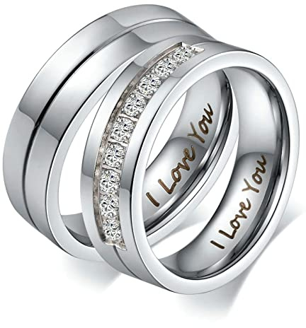 Bishilin Verlobungsringe Paar Ringe Set, Paar Ringe Edelstahl 6MM Hochglanzpoliert mit Zirkonia Partner Ringe Personalisiert für Sie und Ihn Gr.49-67