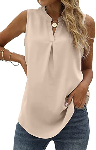 Famulily Tuniques à col en V pour femmes en mousseline transparente avec volants, débardeurs légers d'été, sans manches, amples, décontractées, beige, XXL