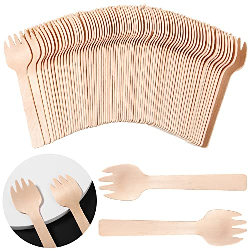 100 Pieces Wooden Forks Disposable Mini Small Sporks Bulk Appetizer compostable forks Cutlery Mini Utensils Cake Fork for Carnival Birthday Party Supplies