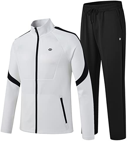 MoFiz Men's Casual Sports Tracksuit Set Full Zip Contrast Cord Running Joggers Athletic Sweat Suits Jackets with Zipper Pockets Black-white US 2XL=EU 3XL